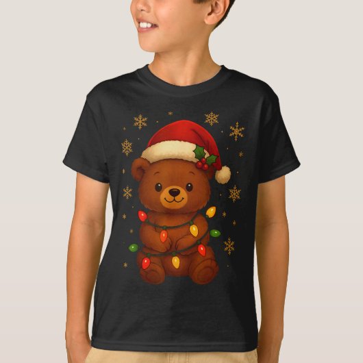 Cute Teddy Bear Christmas Tree Lights Santa Hat Fu T-shirt (Voorkant)
