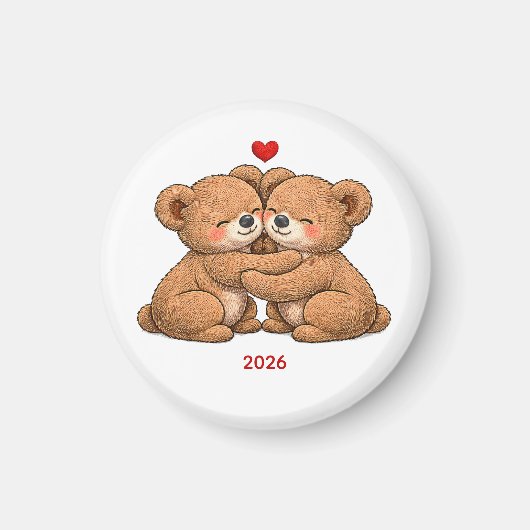 Cute Teddy Bear Couple in Love – Embroidered Style Magneet (Voorkant)