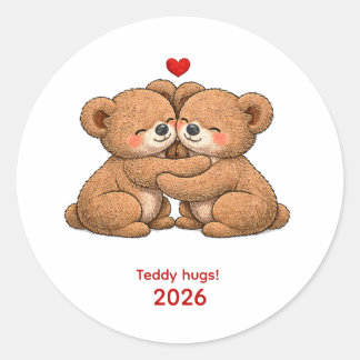 Cute Teddy Bear Couple in Love – Embroidered Style Ronde Sticker