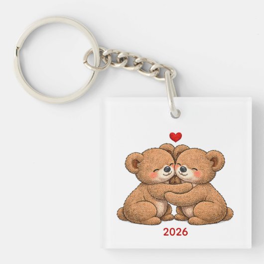 Cute Teddy Bear Couple in Love – Embroidered Style Sleutelhanger (voorkant)