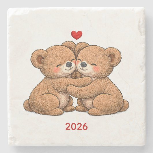 Cute Teddy Bear Couple in Love – Embroidered Style Stenen Onderzetter (Voorkant)
