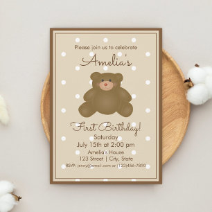 Cute Teddy Bear Cub Baby First Birthday Kinder Par Kaart