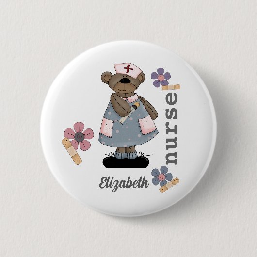 Cute Teddy Bear Custom Name Button for Nurse (Voorkant)