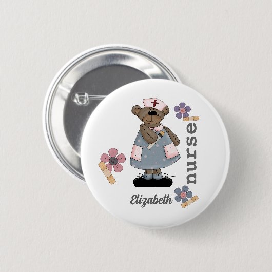 Cute Teddy Bear Custom Name Button for Nurse (Voorkant /achterkant)
