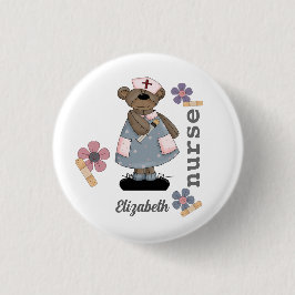 Cute Teddy Bear Custom Name Button for Nurse