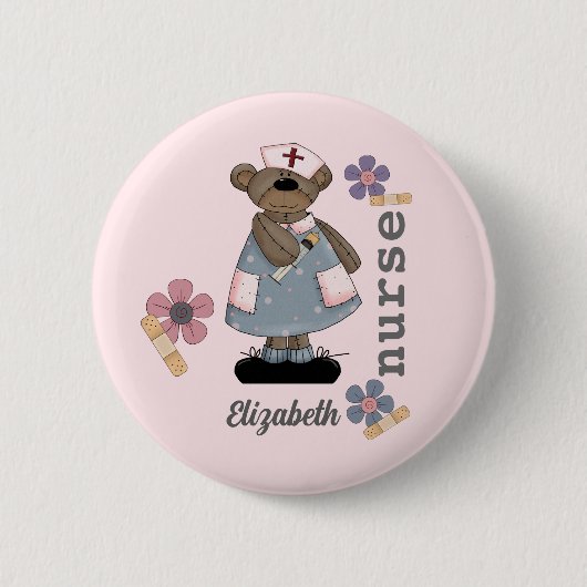 Cute Teddy Bear Custom Name Button for Nurse (Voorkant)