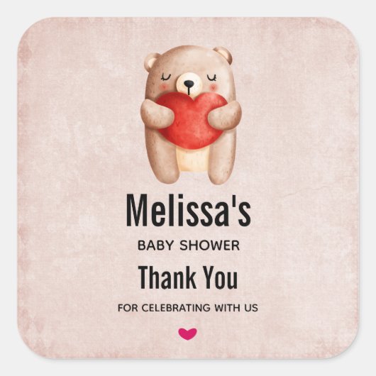 Cute Teddy Bear die een Baby shower met een rood h Vierkante Sticker (Voorkant)