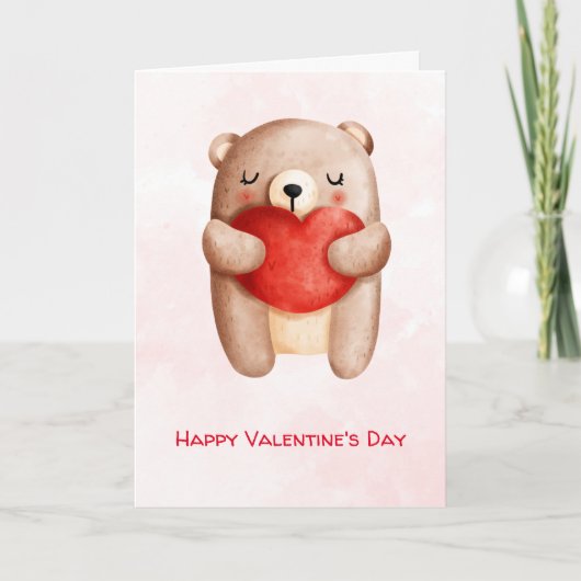 Cute Teddy Bear die een Red Heart Valentijnse draa Kaart (Voorkant)