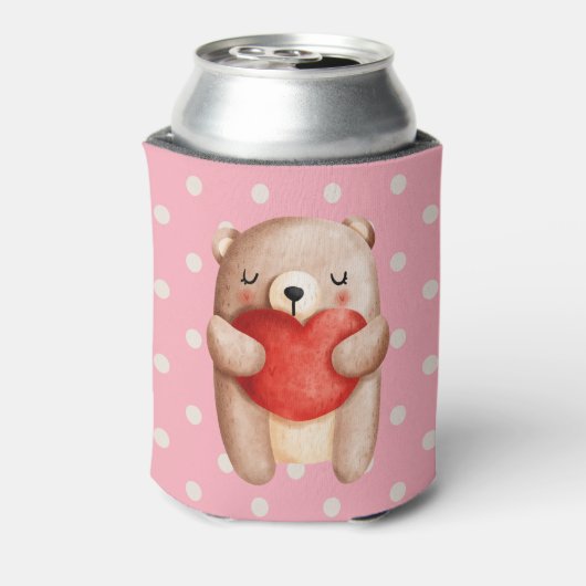 Cute Teddy Bear die een rood hart draagt Blikjeskoeler (Blikje Achterkant)