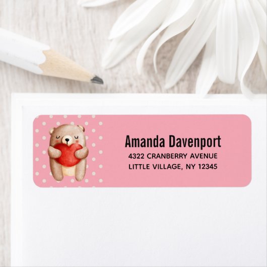 Cute Teddy Bear die een rood hart draagt Etiket (Insitu)