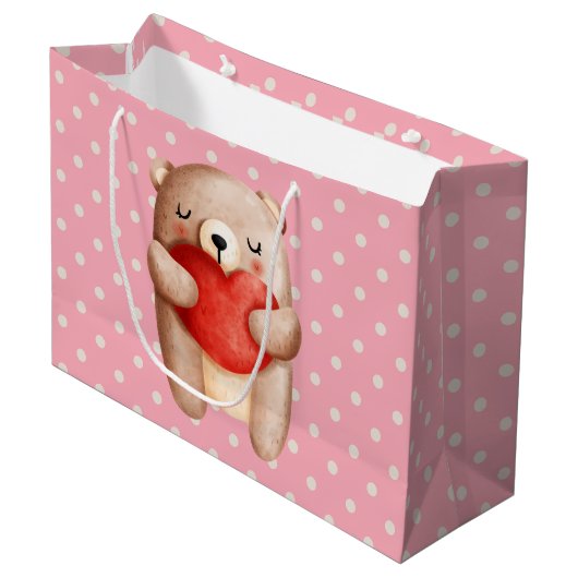 Cute Teddy Bear die een rood hart draagt Groot Cadeauzakje (Voorkant Gekanteld)