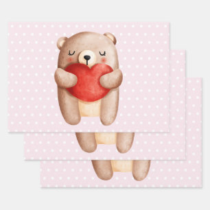 Cute Teddy Bear die een rood hart draagt Inpakpapier Vel