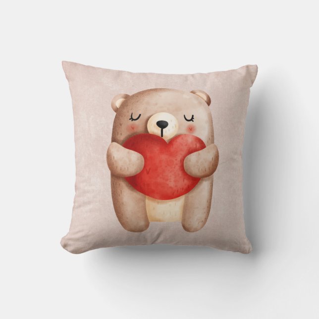 Cute Teddy Bear die een rood hart draagt Kussen (Voorkant)