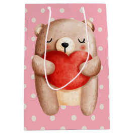 Cute Teddy Bear die een rood hart draagt Medium Cadeauzakje