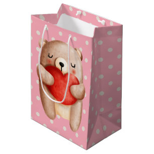 Cute Teddy Bear die een rood hart draagt Medium Cadeauzakje