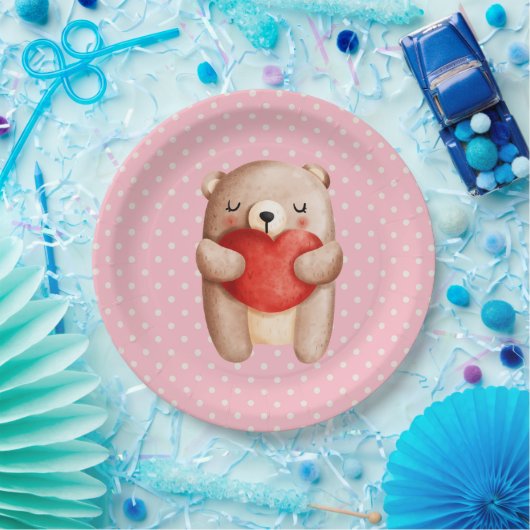 Cute Teddy Bear die een rood hart draagt Papieren Bordje (Feest)