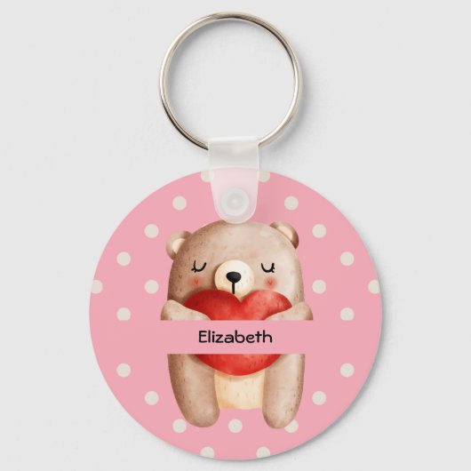Cute Teddy Bear die een rood hart draagt Sleutelhanger (Voorkant)