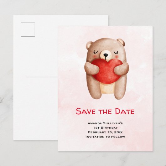Cute Teddy Bear die een rood hart draagt sparen de Uitnodiging Briefkaart (Voorkant / Achterkant)