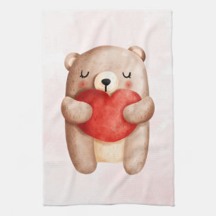 Cute Teddy Bear die een rood hart draagt Theedoek