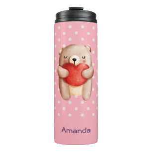 Cute Teddy Bear die een rood hart draagt Thermosbeker