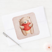 Cute Teddy Bear die een rood hart draagt Vierkante Sticker (Envelop)