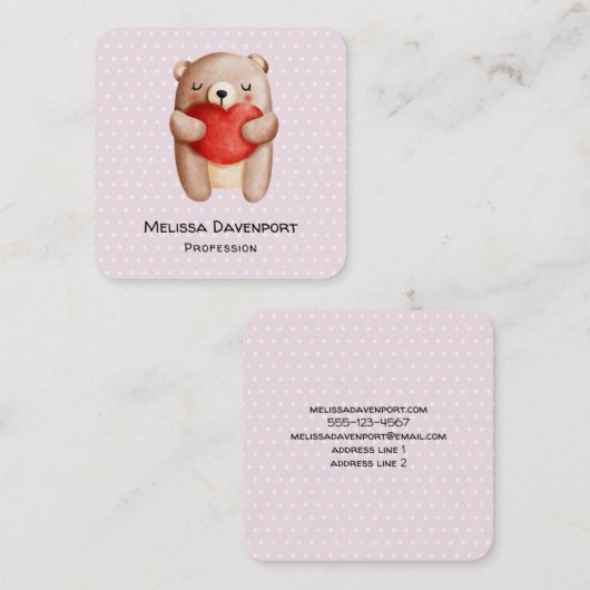 Cute Teddy Bear die een rood hart draagt Vierkante Visitekaartje (Voorkant / Achterkant)