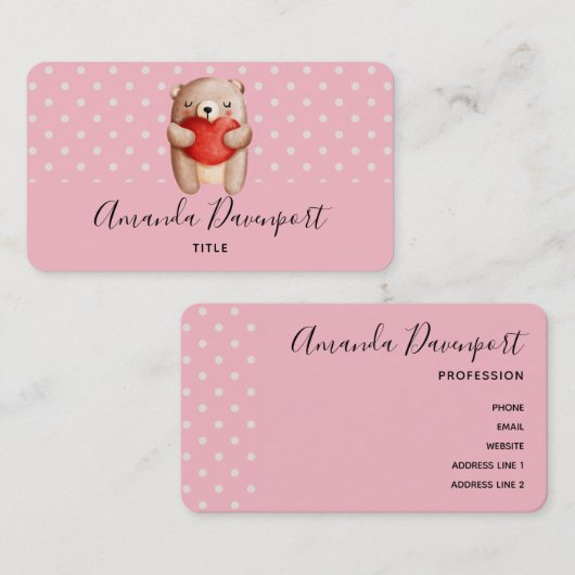 Cute Teddy Bear die een rood hart draagt Visitekaartje (Voorkant / Achterkant)
