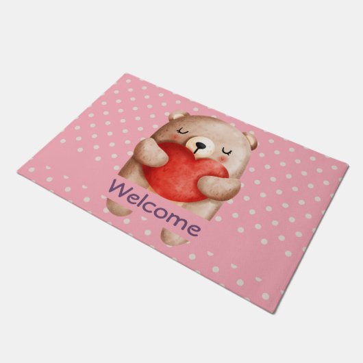 Cute Teddy Bear die een rood hart draagt Welkom Deurmat (Schuin)