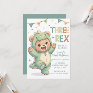 Cute Teddy Bear Dinosaur | 3rd Dino Birthday Party Kaart