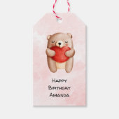 Cute Teddy Bear draagt een Rode Harthag Cadeaulabel (Voorkant)