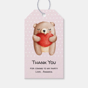 Cute Teddy Bear draagt een rood hart Dank je Cadeaulabel