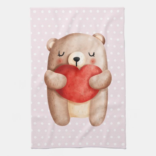 Cute Teddy Bear draagt een rood hart op poka Dots Theedoek (Verticaal)