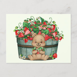 Cute Teddy Bear en Rustic Strawberry Basket Briefkaart