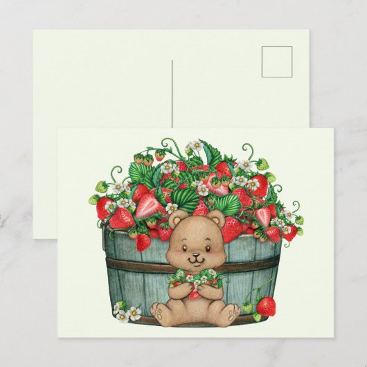 Cute Teddy Bear en Rustic Strawberry Basket Briefkaart (Voorkant / Achterkant)