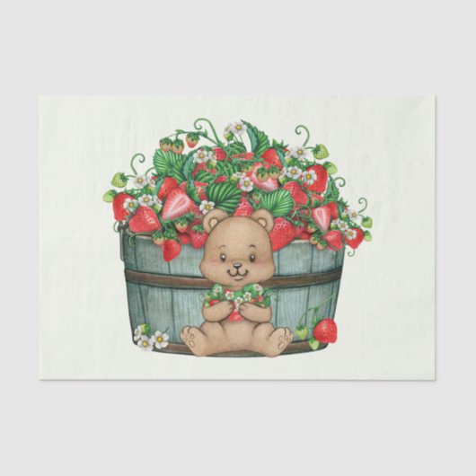 Cute Teddy Bear en Rustic Strawberry Basket Tissuepapier (Voorkant)