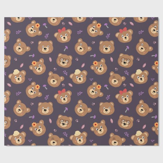 Cute Teddy Bear Face Pattern herfst | PAARS Cadeaupapier (Vlak)