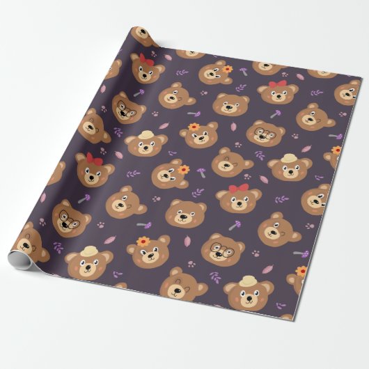 Cute Teddy Bear Face Pattern herfst | PAARS Cadeaupapier (Uitgerold)