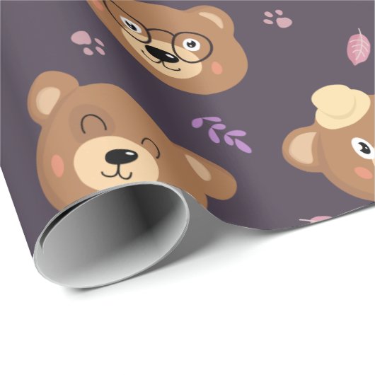 Cute Teddy Bear Face Pattern herfst | PAARS Cadeaupapier (Rol Hoek)