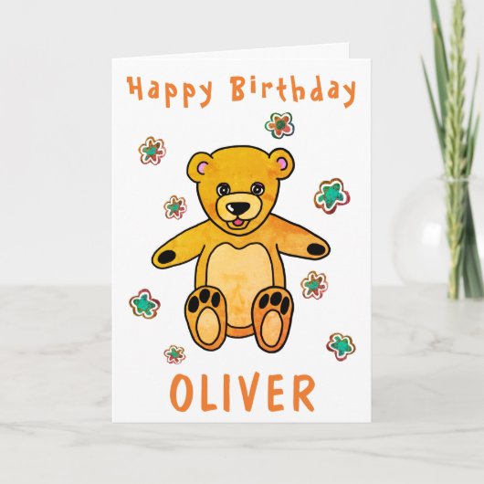 Cute Teddy Bear Flowers Happy Birthday Kinder Kaart (Voorkant)