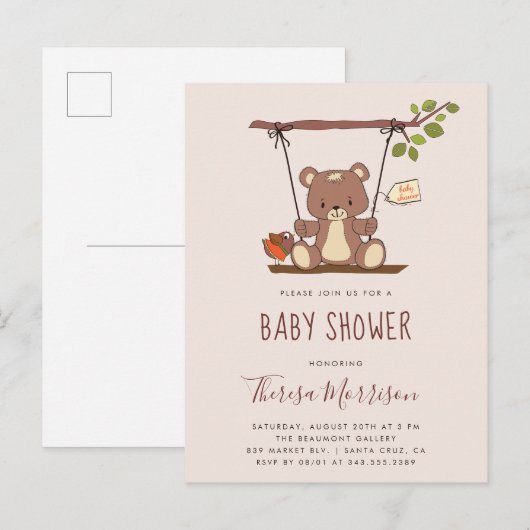 Cute Teddy Bear Gender Neutral Baby shower Uitnodiging Briefkaart (Voorkant / Achterkant)