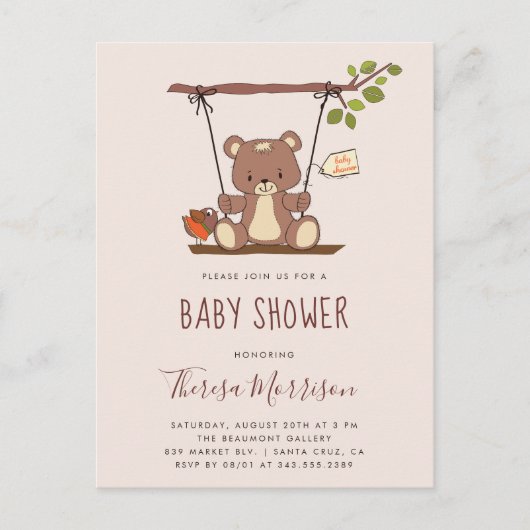 Cute Teddy Bear Gender Neutral Baby shower Uitnodiging Briefkaart (Voorkant)