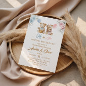 Cute Teddy Bear Gender Reveal Blue Pink Balloons Kaart