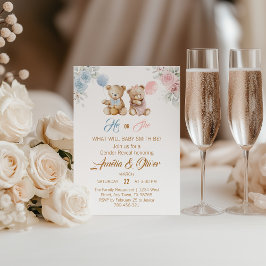 Cute Teddy Bear Gender Reveal Blue Pink Balloons Kaart