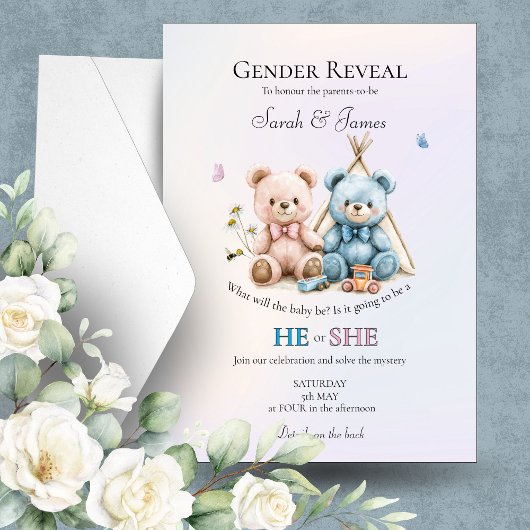 Cute Teddy Bear Gender Reveal Invitation Kaart