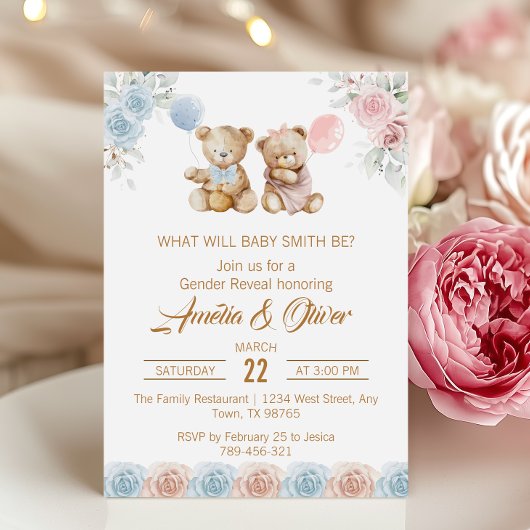 Cute Teddy Bear Gender Reveal Pink Blue Roses Kaart