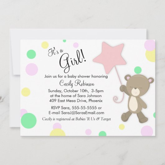 Cute Teddy Bear Girl Baby shower Kaart (Voorkant)
