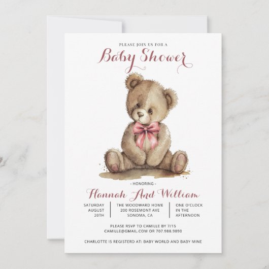 Cute Teddy Bear Girl Baby shower Kaart (Voorkant)
