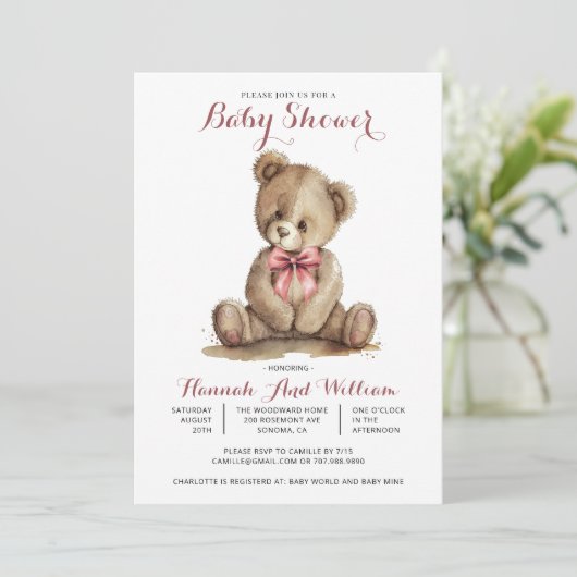 Cute Teddy Bear Girl Baby shower Kaart (Staand voorkant)