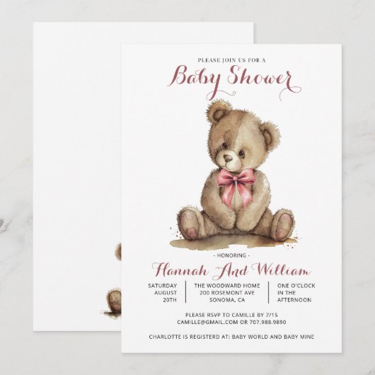 Cute Teddy Bear Girl Baby shower Kaart (Voorkant / Achterkant)