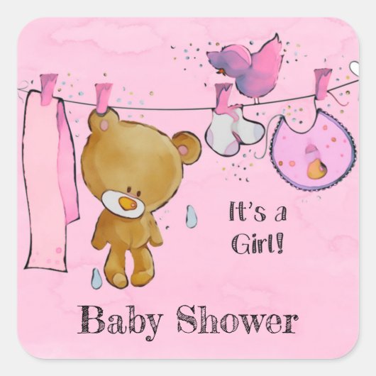 Cute Teddy Bear Girl Baby shower Square Sticker (Voorkant)